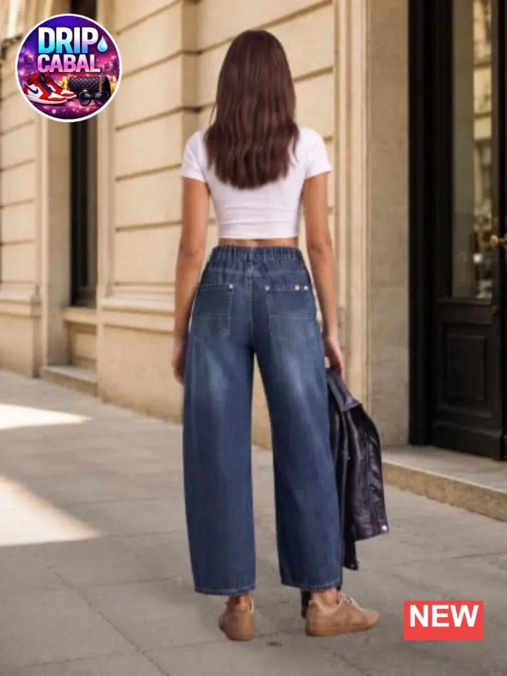 Barrel Jeans for Women Elastic Waist Baggy Cropped Denim Pants